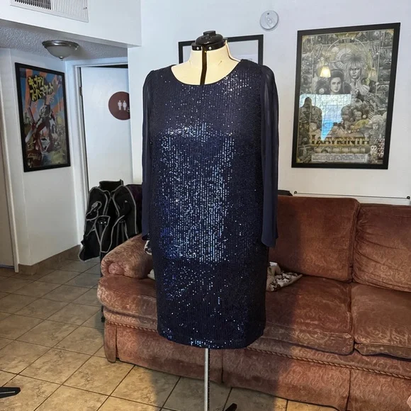 connected apparel sequin dress Connected Apparel Navy Sequin Long Sleeve Dress